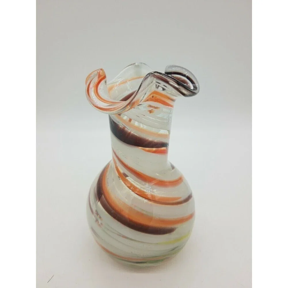 Vtg Vintage Ozark Art Glass Vase Brown Orange Ruffle Edge  5-1/2 Swirl